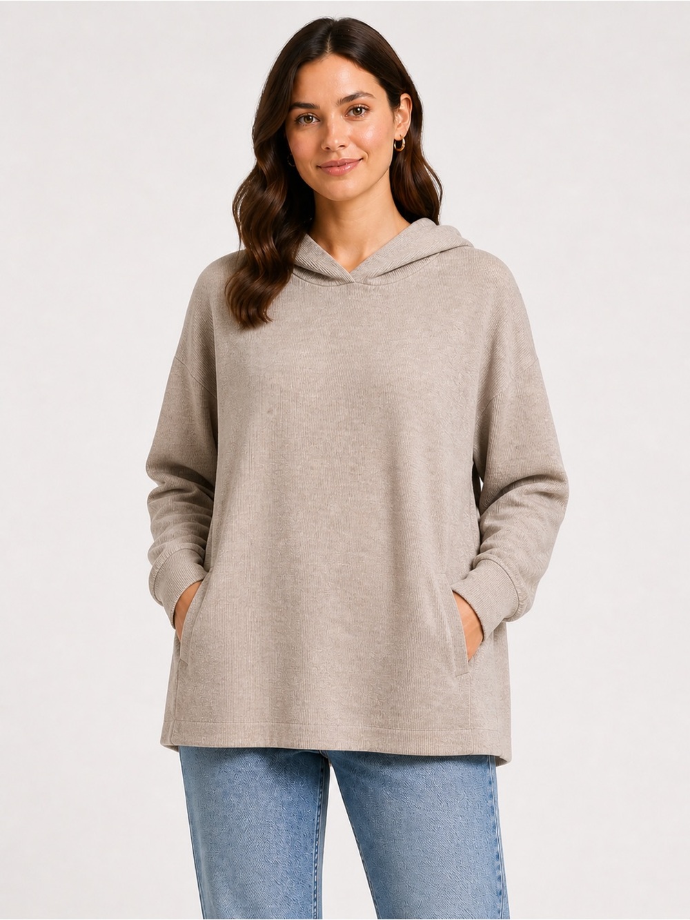 ZARA | Light Beige Ribbed Hoodie with Hidden Pockets